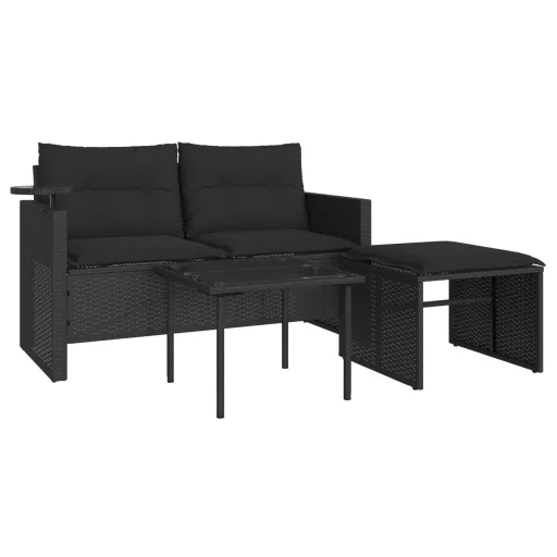 3 részes fekete polyrattan kerti ülőgarnitúra párnával