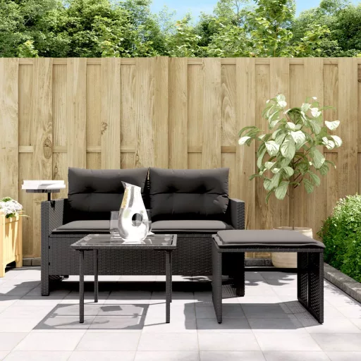 3 részes fekete polyrattan kerti ülőgarnitúra párnával