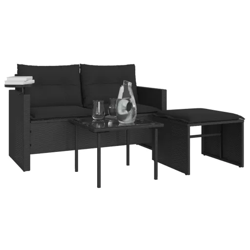 3 részes fekete polyrattan kerti ülőgarnitúra párnával