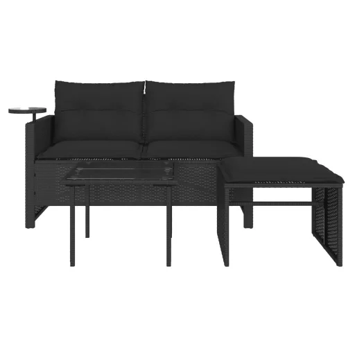 3 részes fekete polyrattan kerti ülőgarnitúra párnával