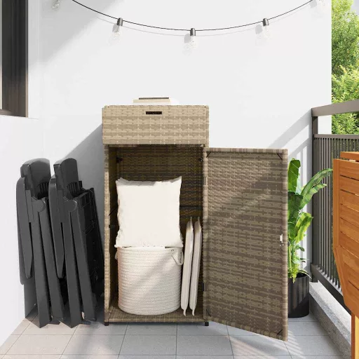 Bézs polyrattan kerti tárolószekrény 55 x 55 x 111 cm