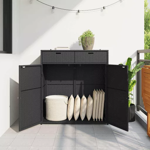 Fekete polyrattan kerti tárolószekrény 105 x 55 x 113 cm