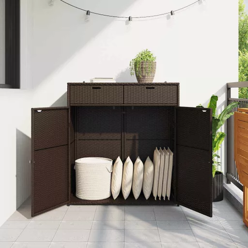 Barna polyrattan kerti tárolószekrény 105 x 55 x 113 cm