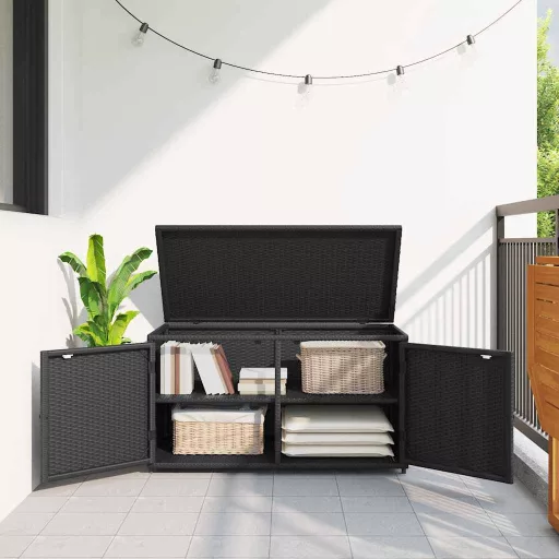 Fekete polyrattan kerti tárolószekrény 110 x 55 x 60,5 cm
