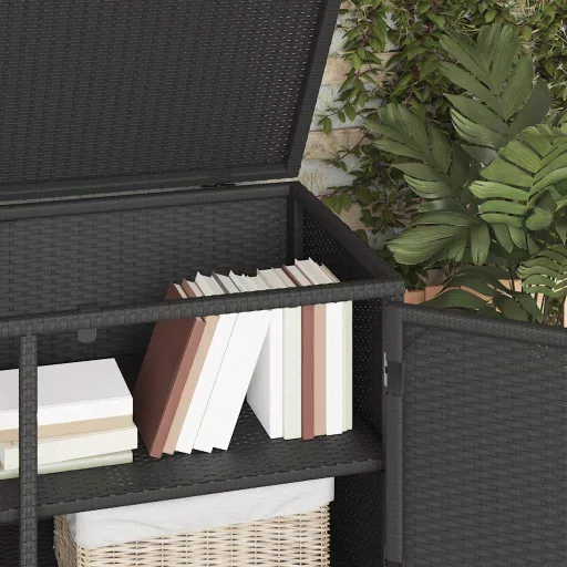 Fekete polyrattan kerti tárolószekrény 110 x 55 x 60,5 cm