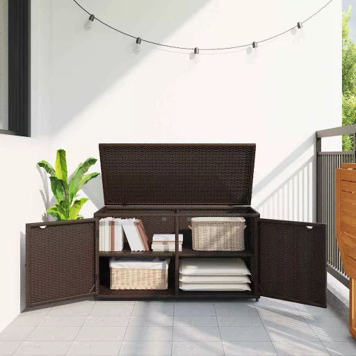 Barna polyrattan kerti tárolószekrény 110 x 55 x 60,5 cm