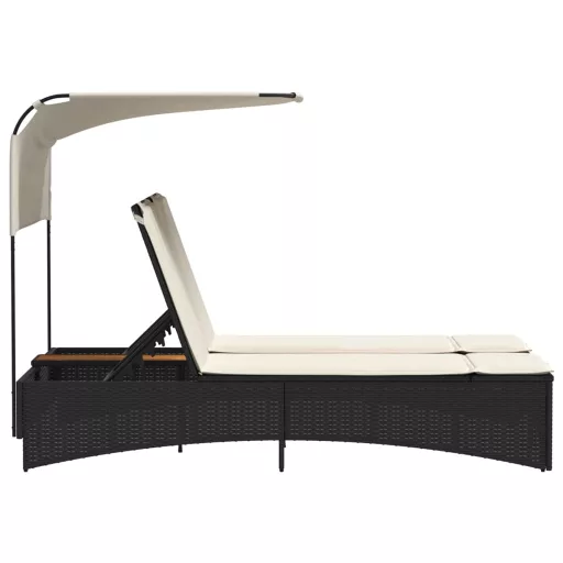Fekete polyrattan dupla napozóágy tetővel és párnával