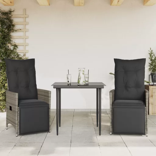 2 db szürke polyrattan dönthető kerti szék párnákkal