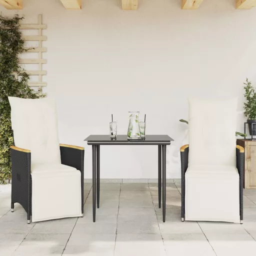 2 db fekete polyrattan dönthető kerti szék párnával