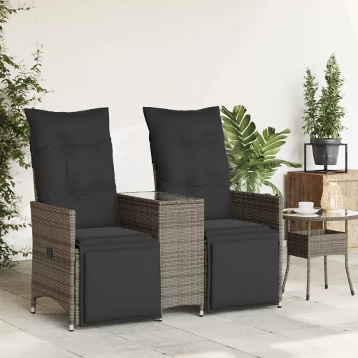 2 személyes szürke polyrattan dönthető kerti kanapé asztallal