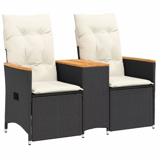 2 személyes fekete polyrattan dönthető kerti kanapé asztallal