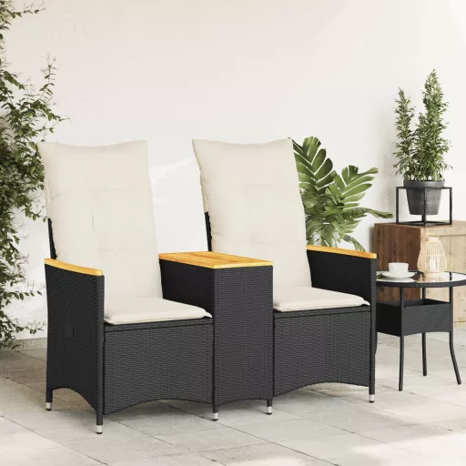 2 személyes fekete polyrattan dönthető kerti kanapé asztallal