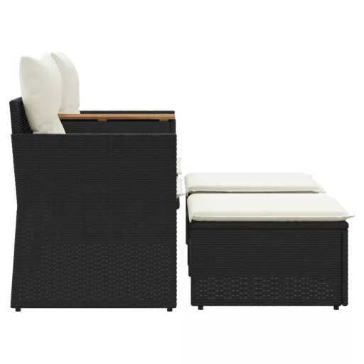 2 személyes fekete polyrattan kerti kanapé zsámollyal