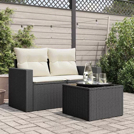 Fekete üveglapú kerti asztal 55 x 55 x 37 cm polyrattan