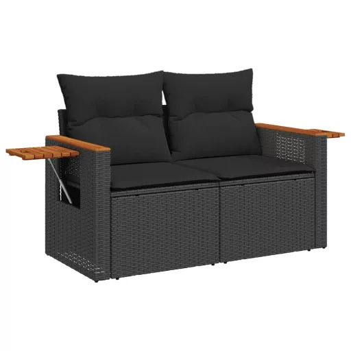 2 személyes fekete polyrattan kerti kanapé párnával