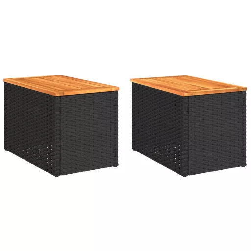 2 db fekete polyrattan és tömör fa kerti kisasztal 55x34x37 cm