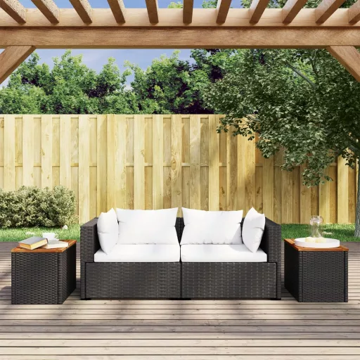 2 db fekete polyrattan és tömör fa kerti kisasztal 55x34x37 cm