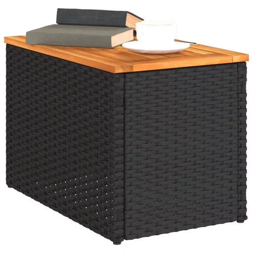 2 db fekete polyrattan és tömör fa kerti kisasztal 55x34x37 cm