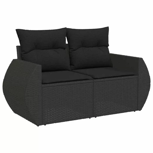 Kétszemélyes fekete polyrattan kerti kanapé párnákkal