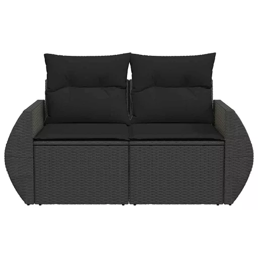 Kétszemélyes fekete polyrattan kerti kanapé párnákkal