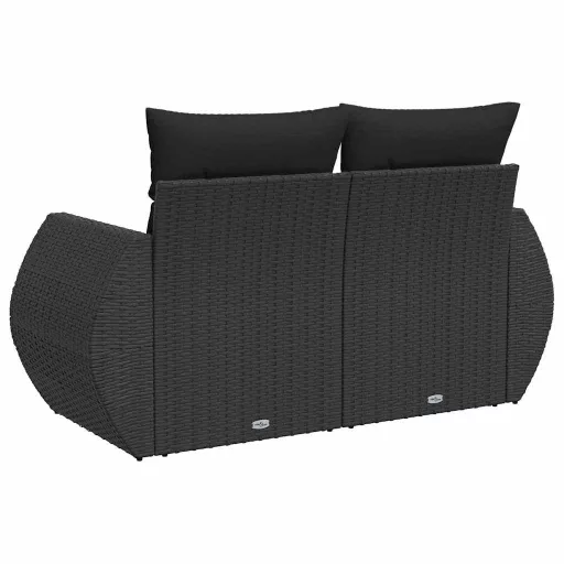 Kétszemélyes fekete polyrattan kerti kanapé párnákkal