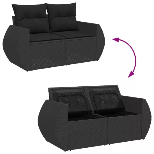 Kétszemélyes fekete polyrattan kerti kanapé párnákkal