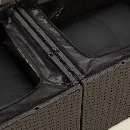 Kétszemélyes fekete polyrattan kerti kanapé párnákkal