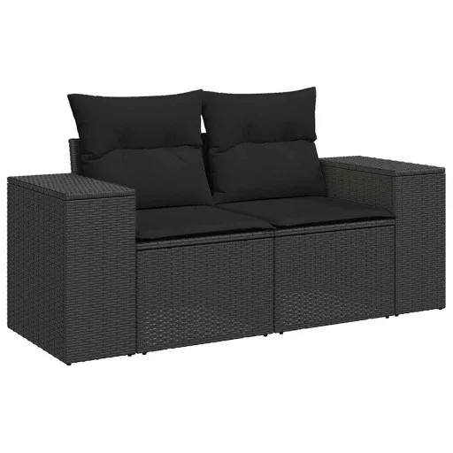 Kétszemélyes fekete polyrattan kerti kanapé párnákkal