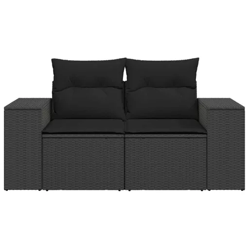 Kétszemélyes fekete polyrattan kerti kanapé párnákkal