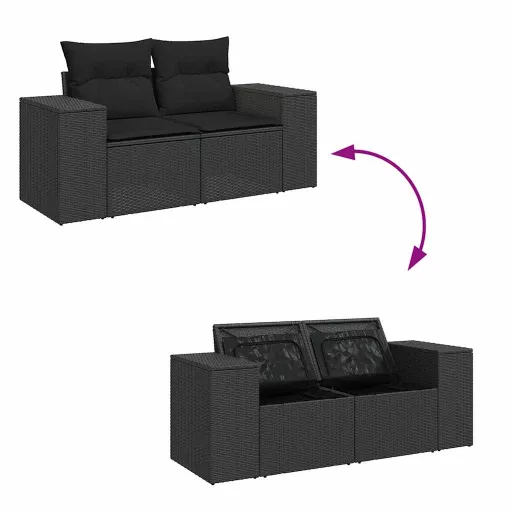 Kétszemélyes fekete polyrattan kerti kanapé párnákkal