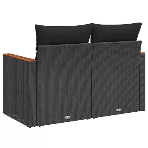 2 személyes fekete polyrattan kerti kanapé párnával