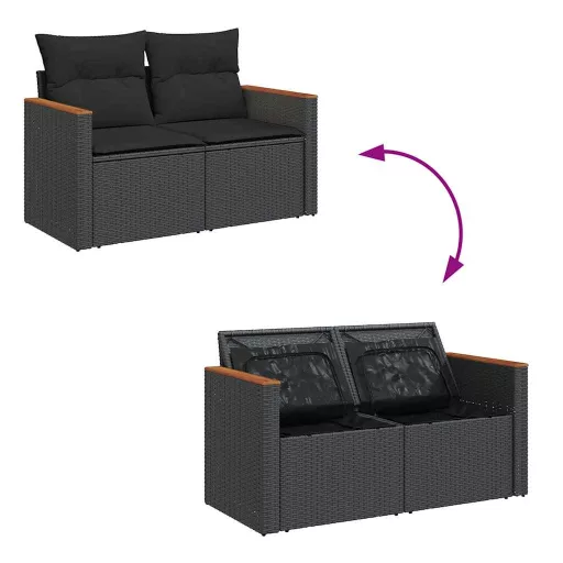 2 személyes fekete polyrattan kerti kanapé párnával