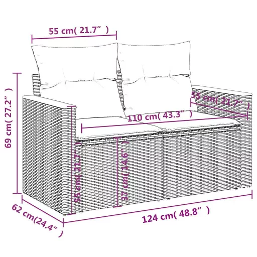2 személyes fekete polyrattan kerti kanapé párnával
