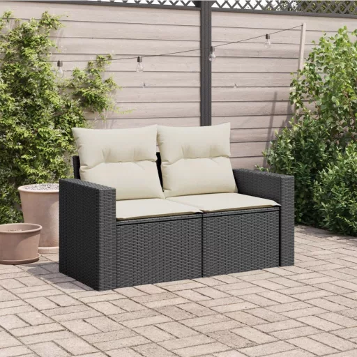 2 személyes fekete polyrattan kerti kanapé párnával