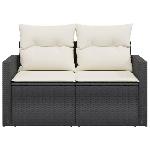 2 személyes fekete polyrattan kerti kanapé párnával