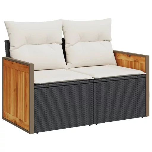 2 személyes fekete polyrattan kerti kanapé párnával