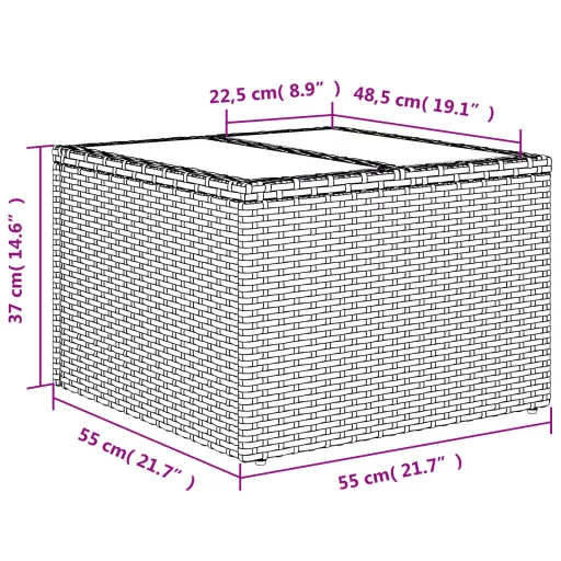 Bézs polyrattan üveglapos kerti asztal 55 x 55 x 37 cm