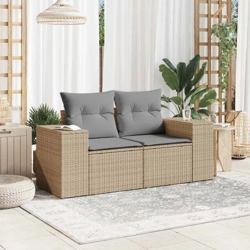 2 személyes bézs polyrattan kerti kanapé párnával