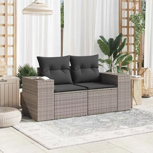 2 személyes szürke polyrattan kerti kanapé párnával