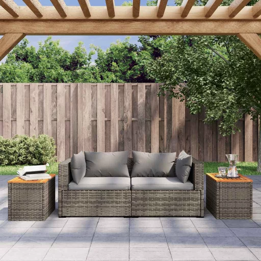 2 db szürke polyrattan és tömör fa kerti kisasztal 55x34x37 cm