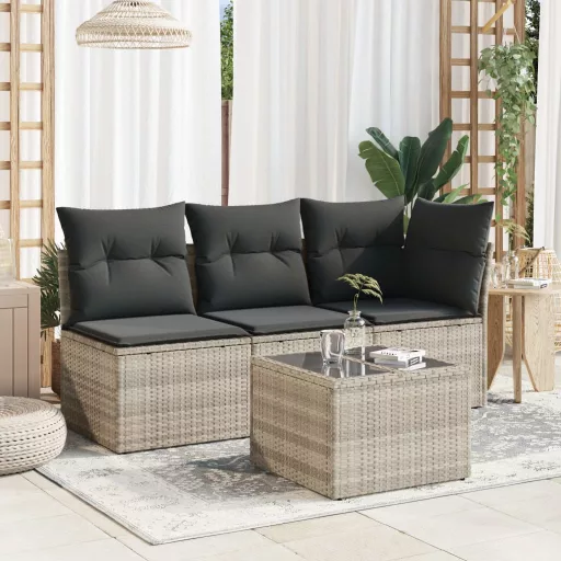 Világosszürke polyrattan üveglapos kerti asztal 55x55x37 cm