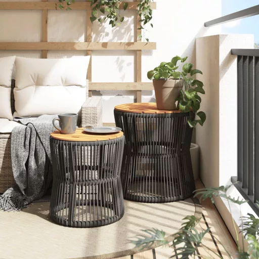 2 db szürke polyrattan kerti kisasztal fa asztallappal