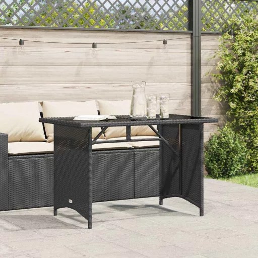 Fekete polyrattan üveglapos kerti asztal 110x68x70 cm