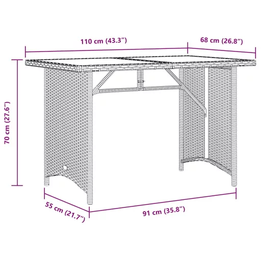 Fekete polyrattan üveglapos kerti asztal 110x68x70 cm