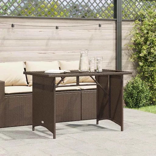 Barna polyrattan üveglapos kerti asztal 110x68x70 cm
