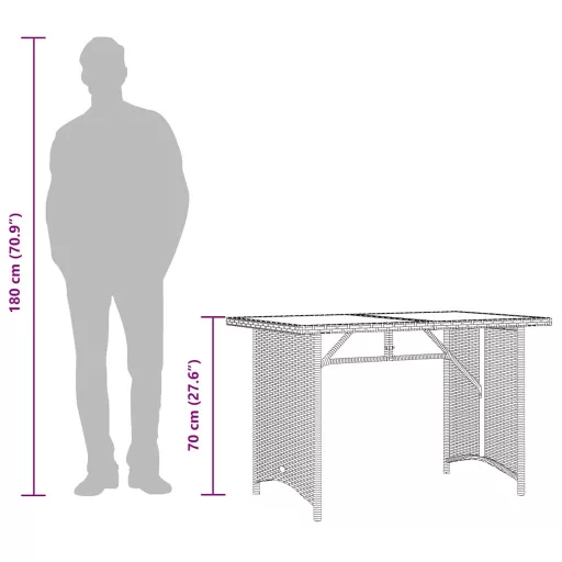 Barna polyrattan üveglapos kerti asztal 110x68x70 cm