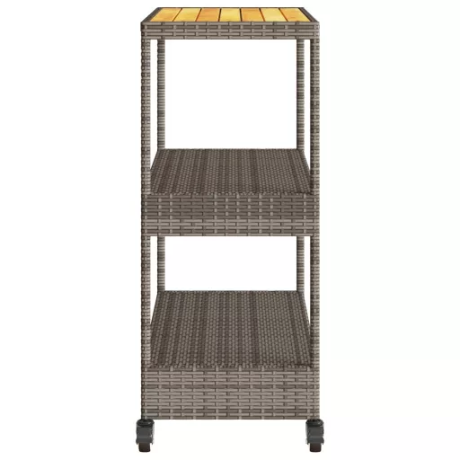 3 szintes szürke polyrattan és tömör akácfa zsúrkocsi