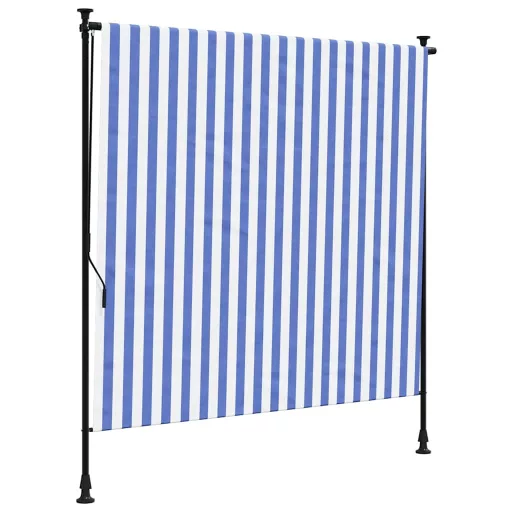 Kék és fehér szövet és acél kültéri roló 150 x 270 cm