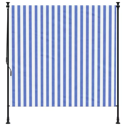 Kék és fehér szövet és acél kültéri roló 150 x 270 cm