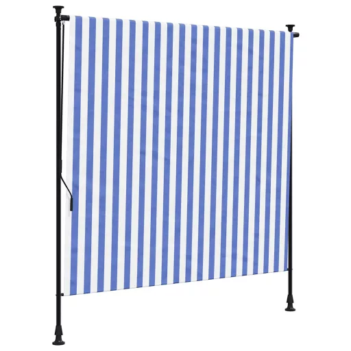 Kék és fehér szövet és acél kültéri roló 200 x 270 cm